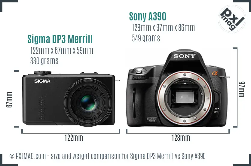 Sigma DP3 Merrill vs Sony A390 size comparison