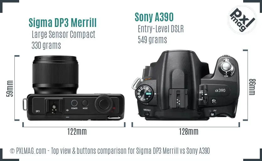 Sigma DP3 Merrill vs Sony A390 top view buttons comparison