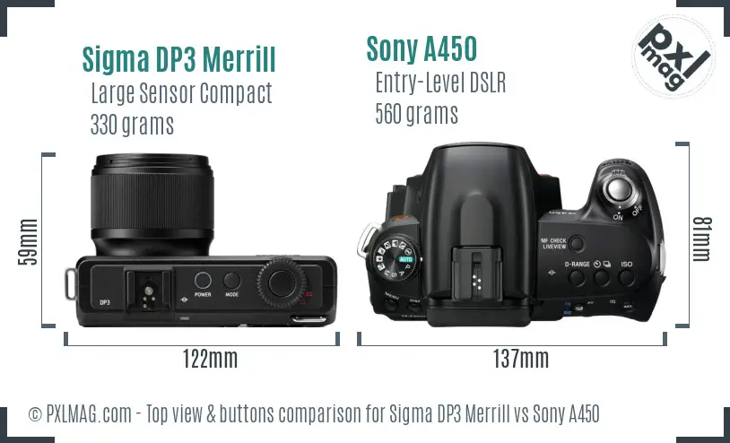 Sigma DP3 Merrill vs Sony A450 top view buttons comparison