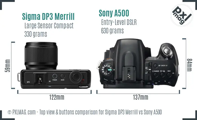 Sigma DP3 Merrill vs Sony A500 top view buttons comparison Sigma DP3 Merrill vs Sony A500 top view buttons comparison