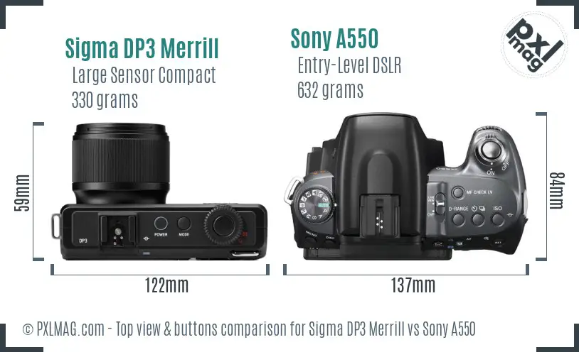 Sigma DP3 Merrill vs Sony A550 top view buttons comparison