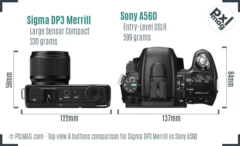 Sigma DP3 Merrill vs Sony A560 top view buttons comparison