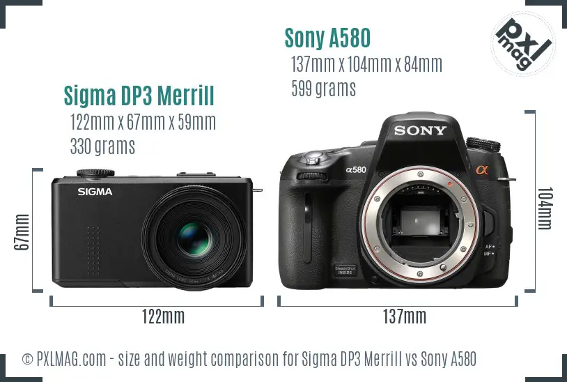Sigma DP3 Merrill vs Sony A580 size comparison