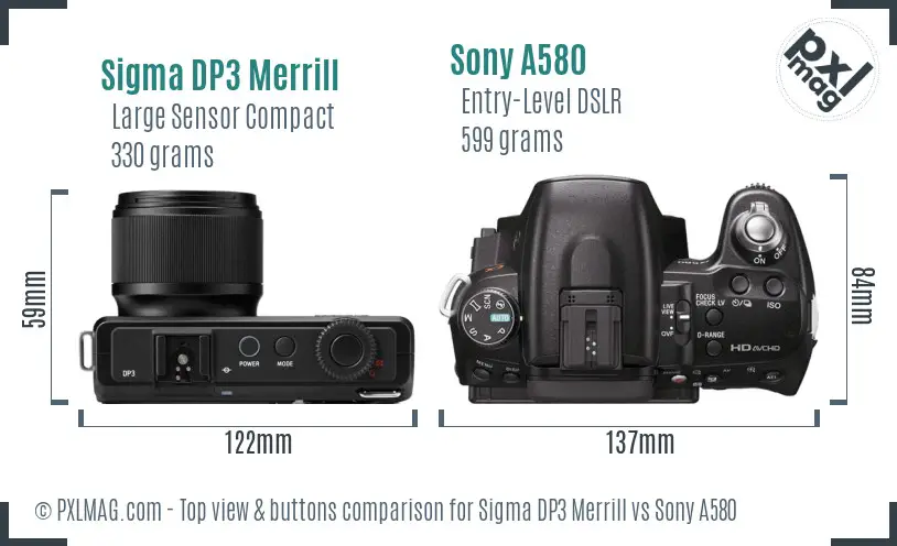 Sigma DP3 Merrill vs Sony A580 top view buttons comparison