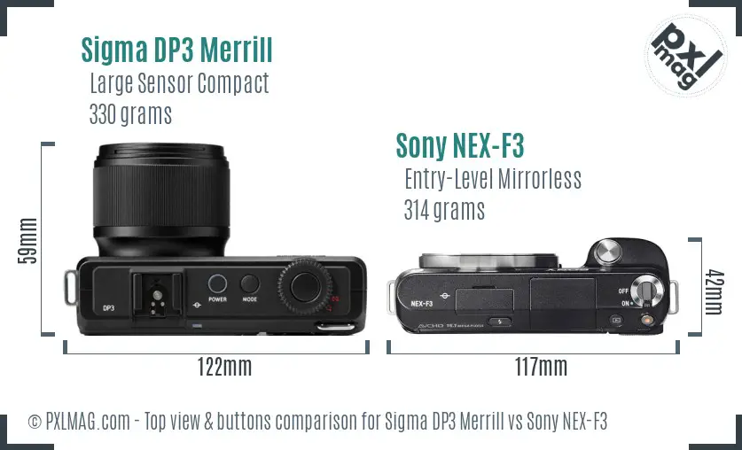 Sigma DP3 Merrill vs Sony NEX-F3 top view buttons comparison