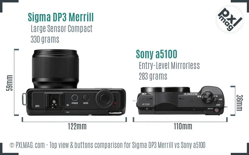 Sigma DP3 Merrill vs Sony a5100 top view buttons comparison