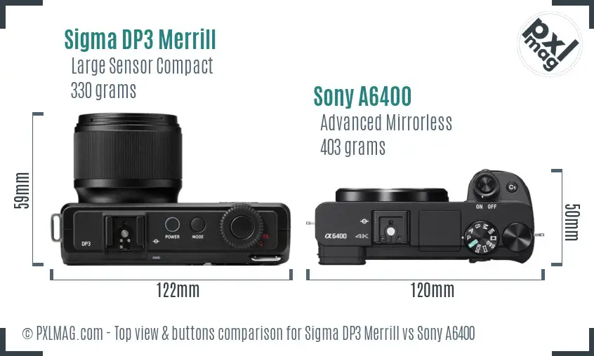 Sigma DP3 Merrill vs Sony A6400 top view buttons comparison