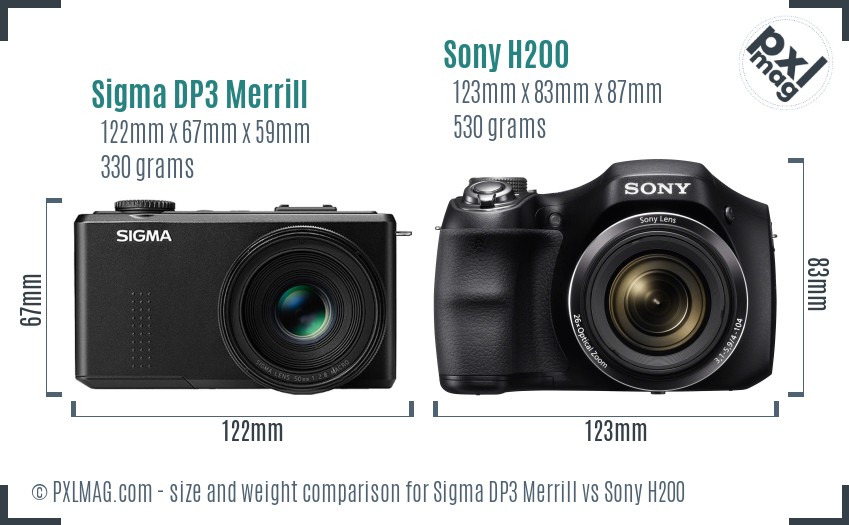 Sigma DP3 Merrill vs Sony H200 size comparison