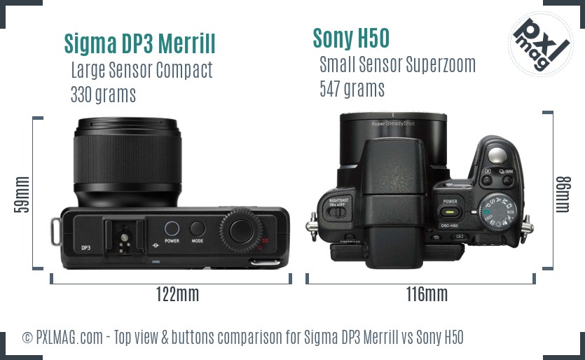 Sigma DP3 Merrill vs Sony H50 top view buttons comparison