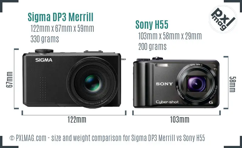 Sigma DP3 Merrill vs Sony H55 size comparison