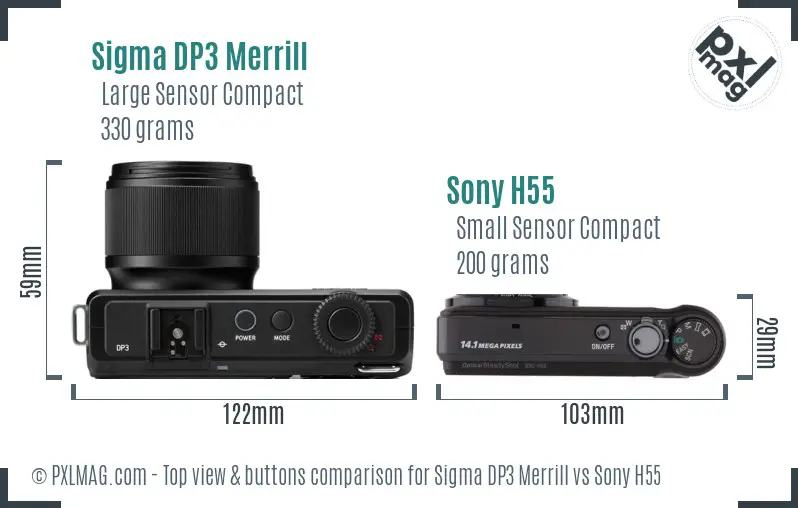 Sigma DP3 Merrill vs Sony H55 top view buttons comparison