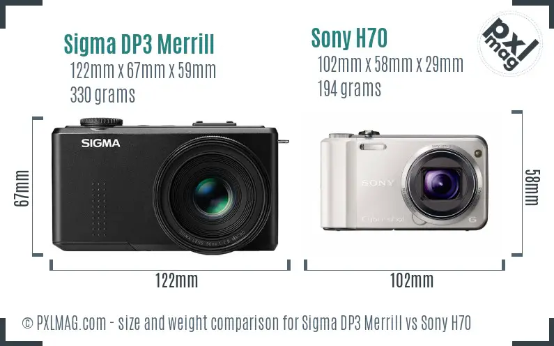 Sigma DP3 Merrill vs Sony H70 size comparison