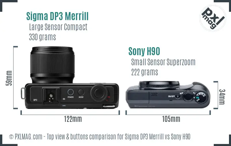 Sigma DP3 Merrill vs Sony H90 top view buttons comparison Sigma DP3 Merrill vs Sony H90 top view buttons comparison