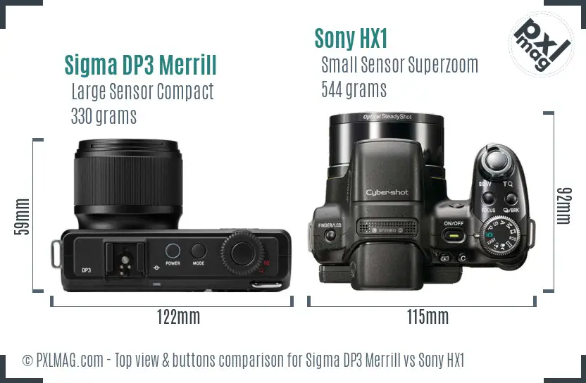 Sigma DP3 Merrill vs Sony HX1 top view buttons comparison