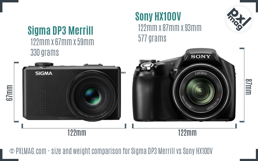 Sigma DP3 Merrill vs Sony HX100V size comparison