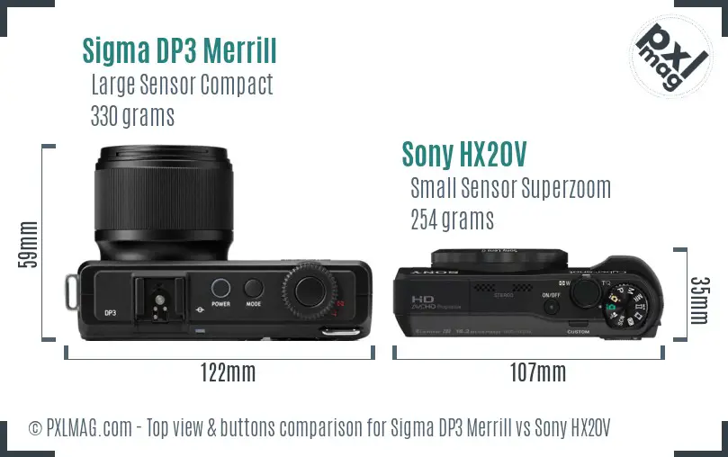 Sigma DP3 Merrill vs Sony HX20V top view buttons comparison