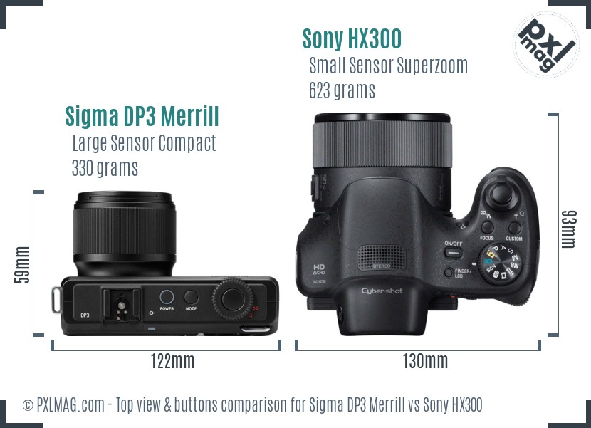 Sigma DP3 Merrill vs Sony HX300 top view buttons comparison