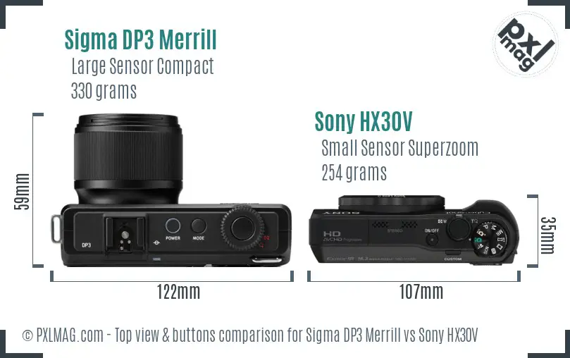 Sigma DP3 Merrill vs Sony HX30V top view buttons comparison