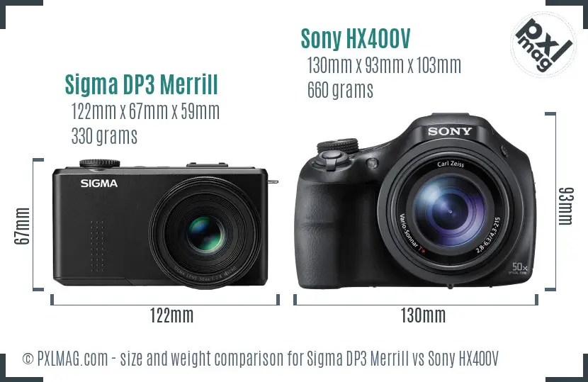 Sigma DP3 Merrill vs Sony HX400V size comparison