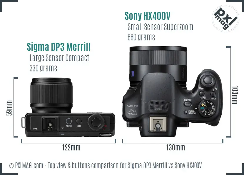 Sigma DP3 Merrill vs Sony HX400V top view buttons comparison