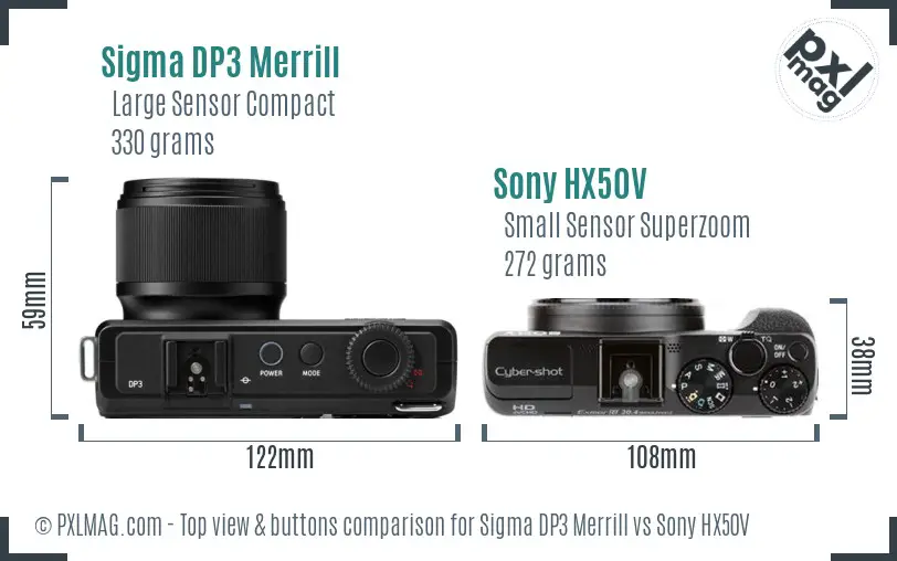 Sigma DP3 Merrill vs Sony HX50V top view buttons comparison