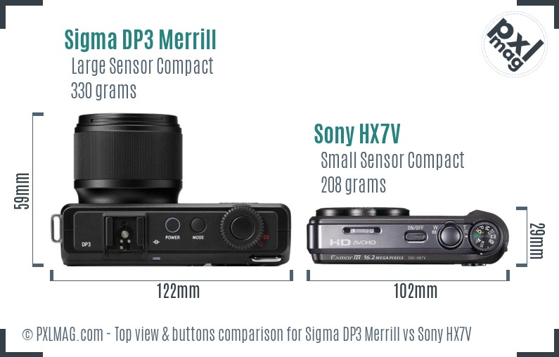 Sigma DP3 Merrill vs Sony HX7V top view buttons comparison