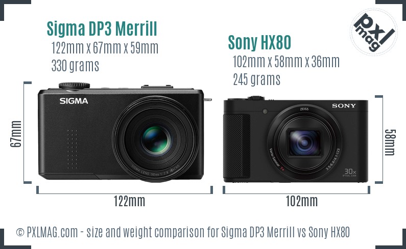 Sigma DP3 Merrill vs Sony HX80 size comparison