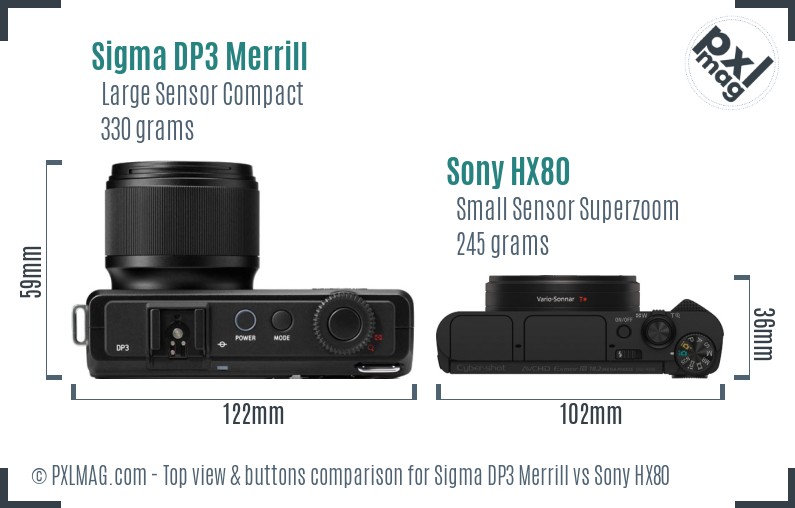 Sigma DP3 Merrill vs Sony HX80 top view buttons comparison