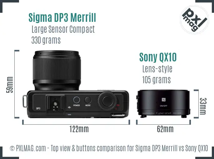 Sigma DP3 Merrill vs Sony QX10 top view buttons comparison