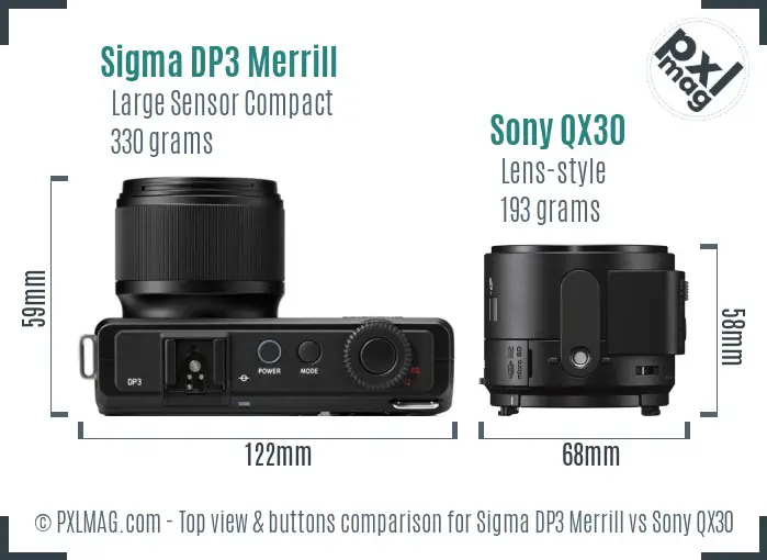 Sigma DP3 Merrill vs Sony QX30 top view buttons comparison Sigma DP3 Merrill vs Sony QX30 top view buttons comparison