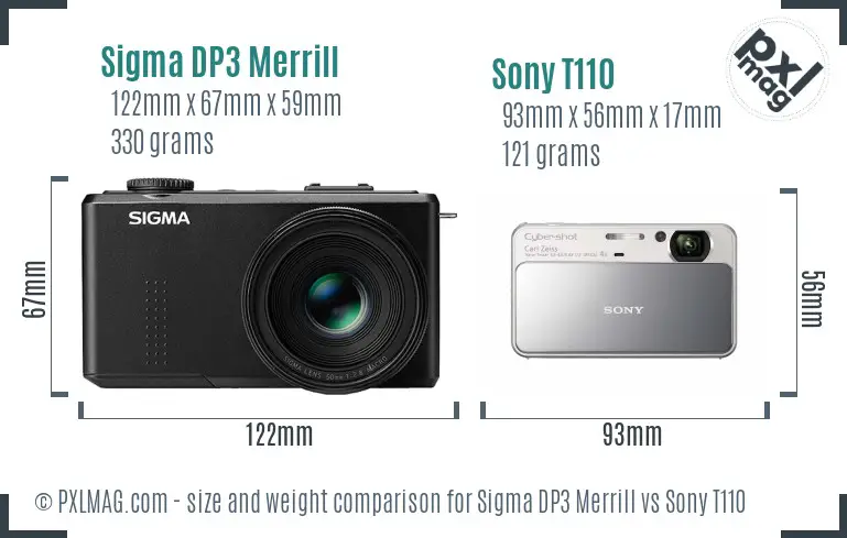 Sigma DP3 Merrill vs Sony T110 size comparison