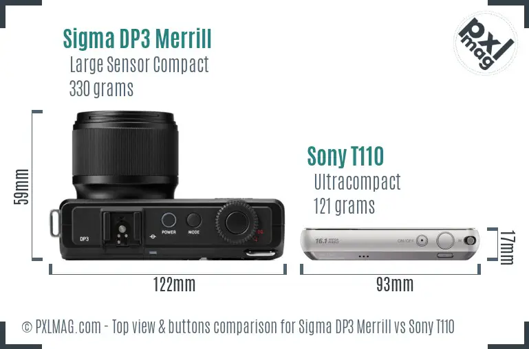 Sigma DP3 Merrill vs Sony T110 top view buttons comparison