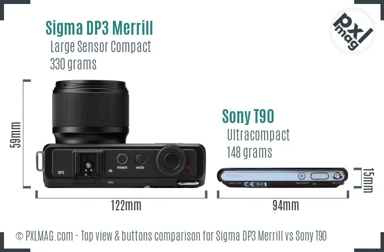 Sigma DP3 Merrill vs Sony T90 top view buttons comparison