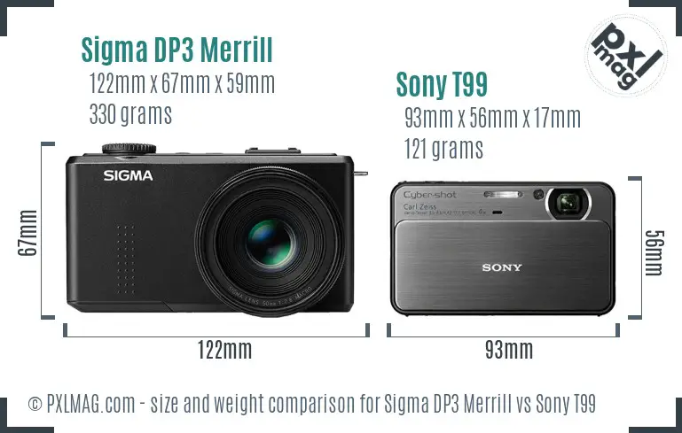 Sigma DP3 Merrill vs Sony T99 size comparison