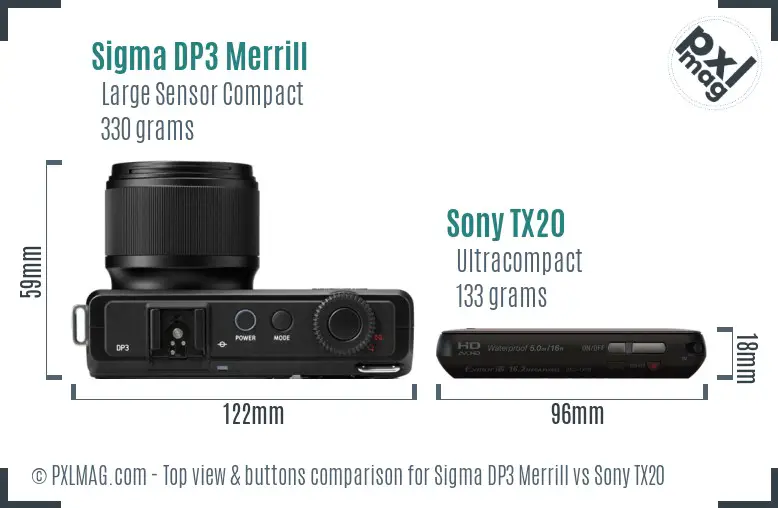 Sigma DP3 Merrill vs Sony TX20 top view buttons comparison