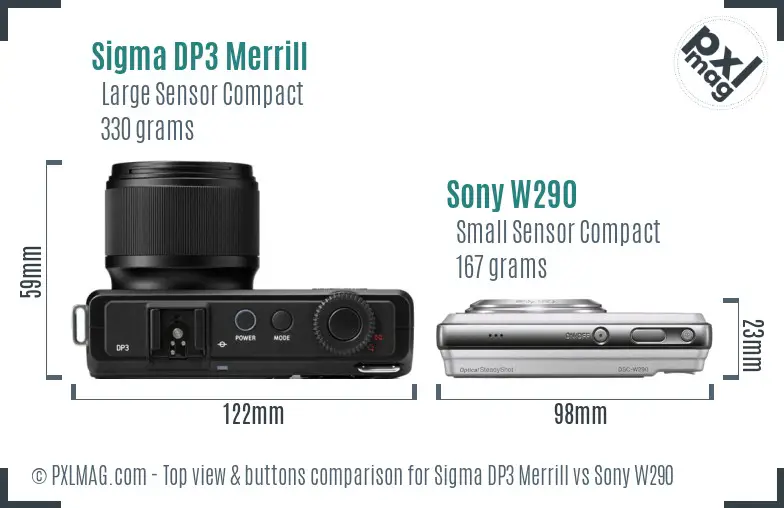 Sigma DP3 Merrill vs Sony W290 top view buttons comparison