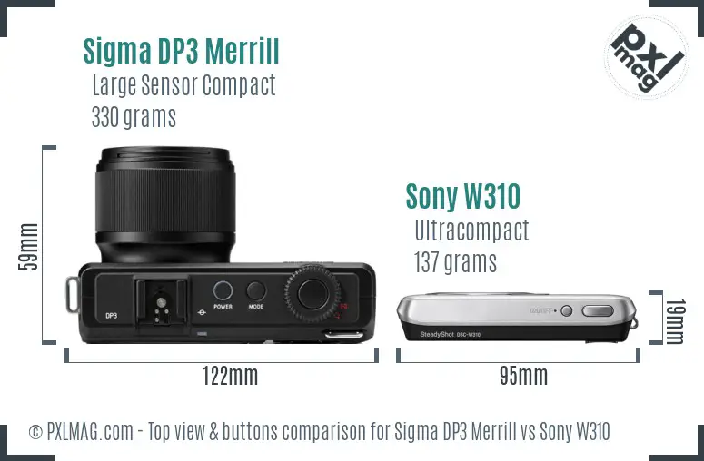 Sigma DP3 Merrill vs Sony W310 top view buttons comparison