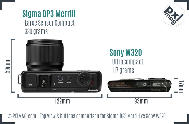 Sigma DP3 Merrill vs Sony W320 top view buttons comparison