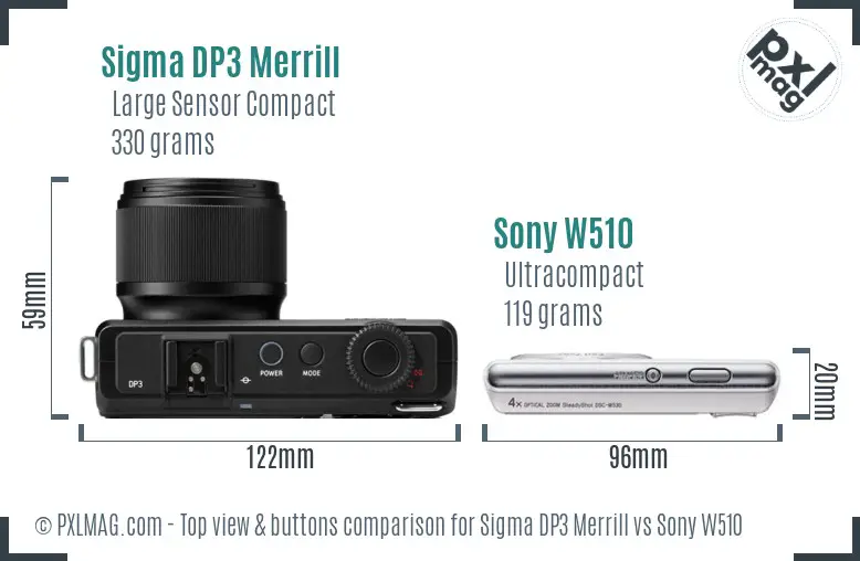 Sigma DP3 Merrill vs Sony W510 top view buttons comparison