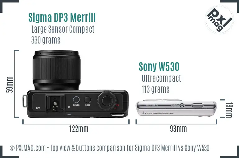 Sigma DP3 Merrill vs Sony W530 top view buttons comparison