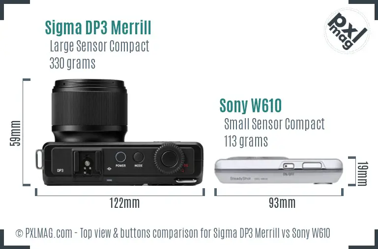 Sigma DP3 Merrill vs Sony W610 top view buttons comparison