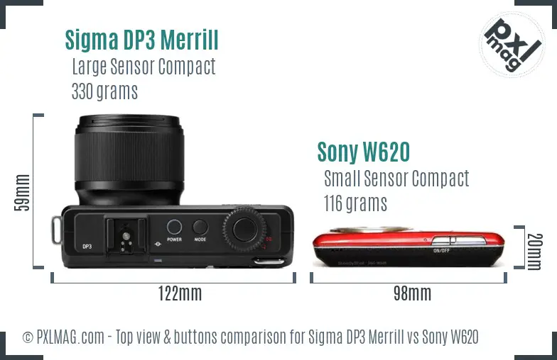 Sigma DP3 Merrill vs Sony W620 top view buttons comparison