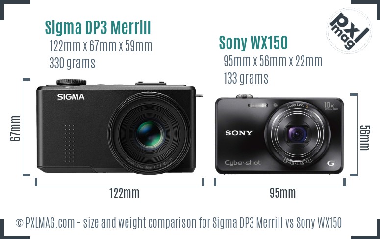 Sigma DP3 Merrill vs Sony WX150 size comparison
