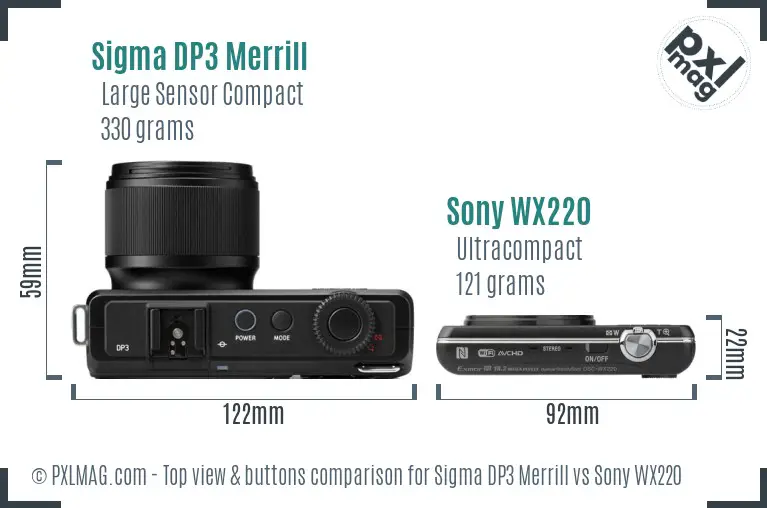 Sigma DP3 Merrill vs Sony WX220 top view buttons comparison