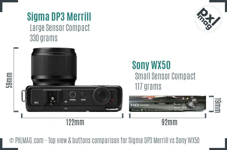 Sigma DP3 Merrill vs Sony WX50 top view buttons comparison