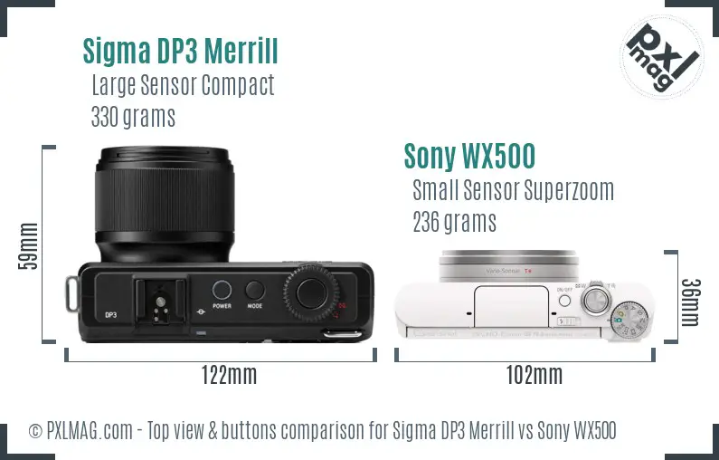 Sigma DP3 Merrill vs Sony WX500 top view buttons comparison