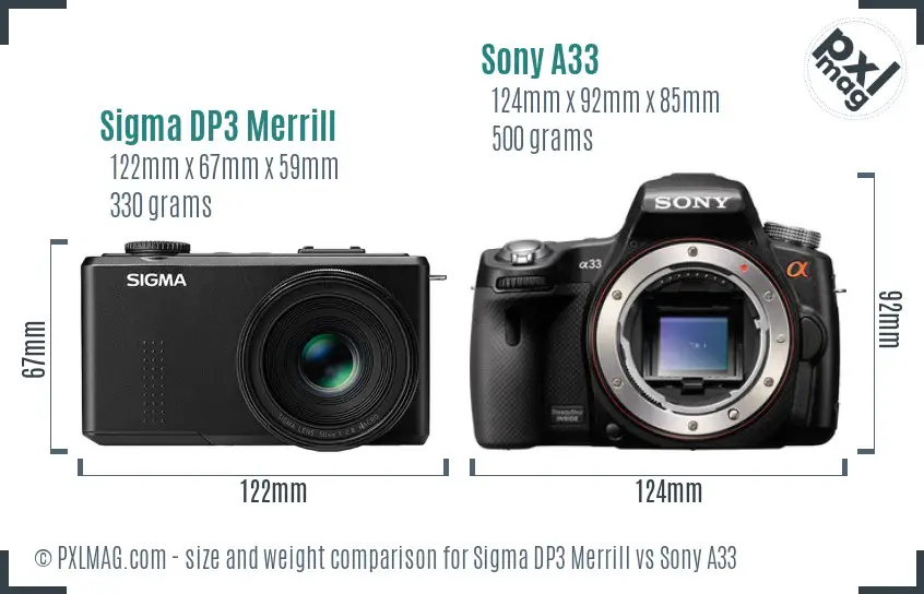 Sigma DP3 Merrill vs Sony A33 size comparison