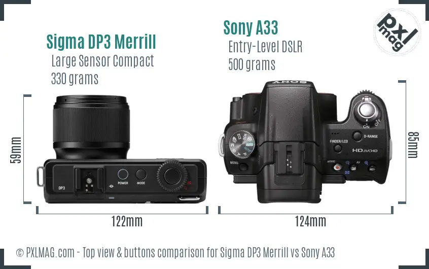 Sigma DP3 Merrill vs Sony A33 top view buttons comparison