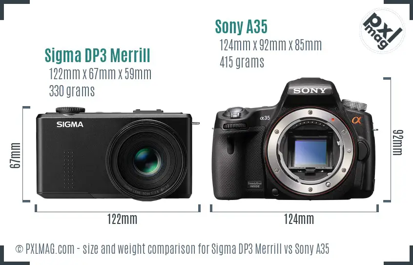 Sigma DP3 Merrill vs Sony A35 size comparison