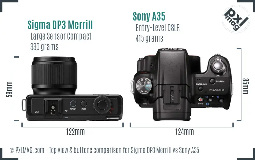 Sigma DP3 Merrill vs Sony A35 top view buttons comparison